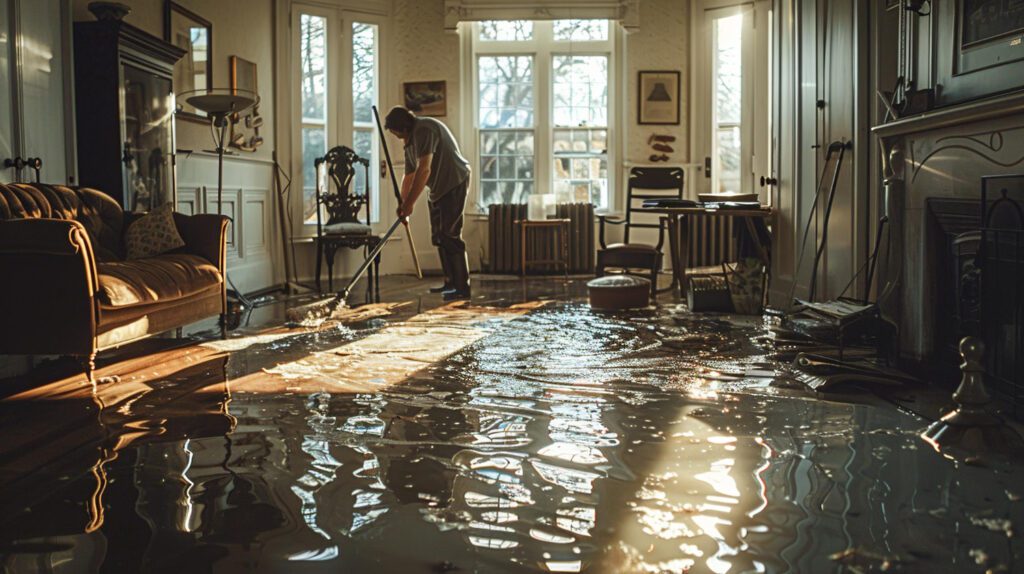 A man cleaning water from the floor