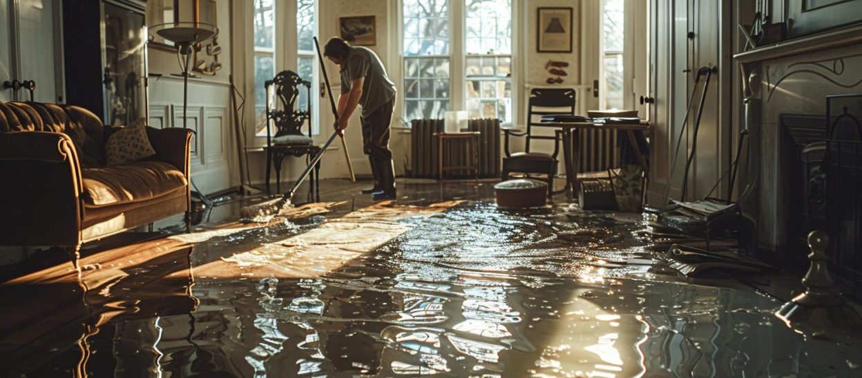 A man cleaning water from the floor